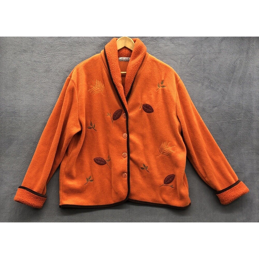 VTG Chinawear by Morsley Fleece Sweater Large Orange Fall Leaves Cottagecore